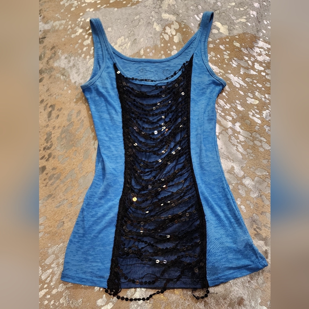 Threads 4 Thought Blue Tank Top with Black Sequins And Cover Vest